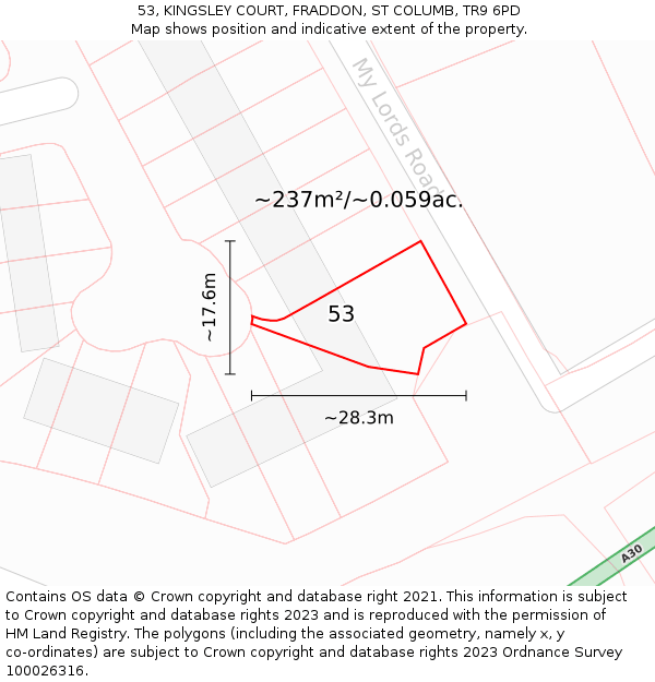 53, KINGSLEY COURT, FRADDON, ST COLUMB, TR9 6PD: Plot and title map