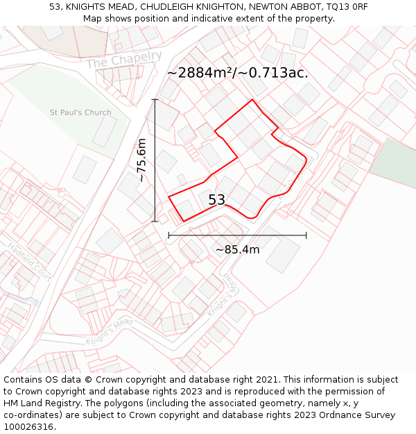 53, KNIGHTS MEAD, CHUDLEIGH KNIGHTON, NEWTON ABBOT, TQ13 0RF: Plot and title map