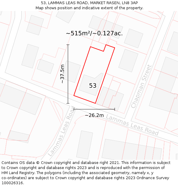 53, LAMMAS LEAS ROAD, MARKET RASEN, LN8 3AP: Plot and title map