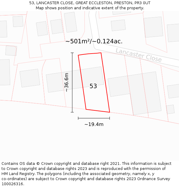 53, LANCASTER CLOSE, GREAT ECCLESTON, PRESTON, PR3 0UT: Plot and title map