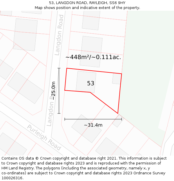 53, LANGDON ROAD, RAYLEIGH, SS6 9HY: Plot and title map