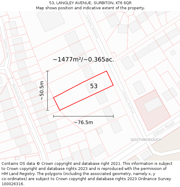 53, LANGLEY AVENUE, SURBITON, KT6 6QR: Plot and title map