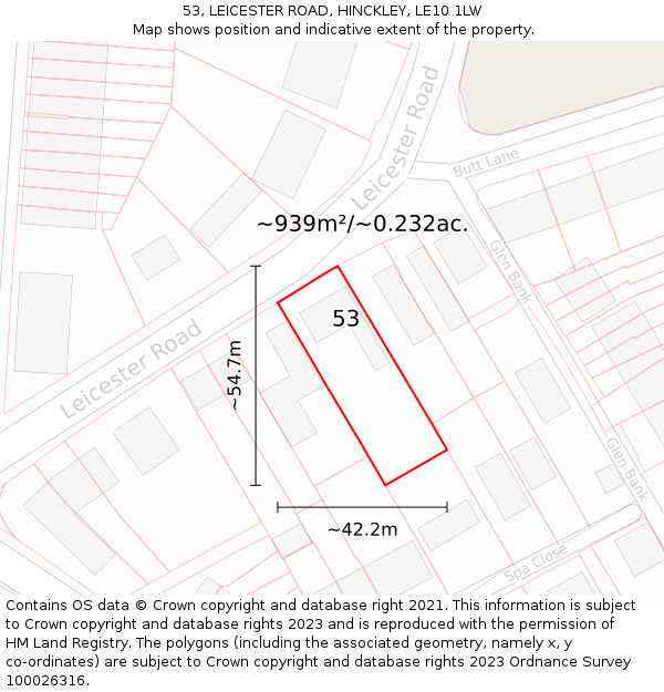 53, LEICESTER ROAD, HINCKLEY, LE10 1LW: Plot and title map