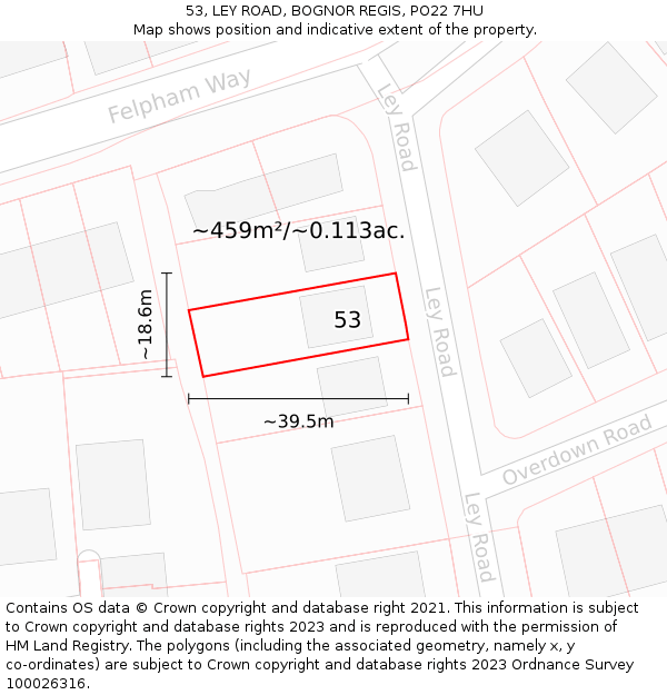 53, LEY ROAD, BOGNOR REGIS, PO22 7HU: Plot and title map