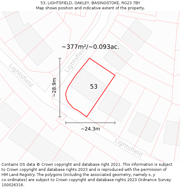 53, LIGHTSFIELD, OAKLEY, BASINGSTOKE, RG23 7BY: Plot and title map