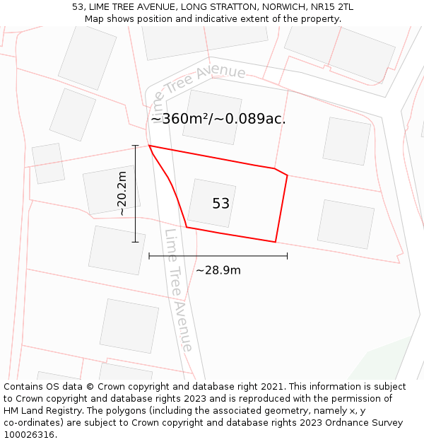 53, LIME TREE AVENUE, LONG STRATTON, NORWICH, NR15 2TL: Plot and title map
