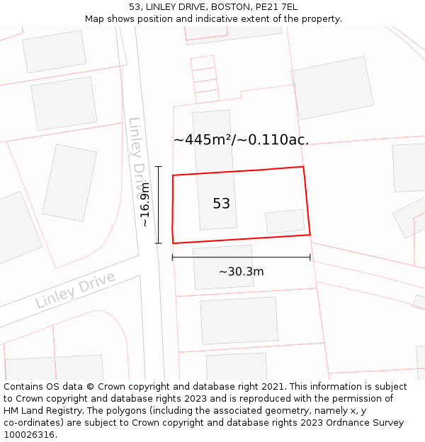 53, LINLEY DRIVE, BOSTON, PE21 7EL: Plot and title map