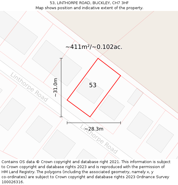 53, LINTHORPE ROAD, BUCKLEY, CH7 3HF: Plot and title map