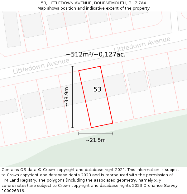 53, LITTLEDOWN AVENUE, BOURNEMOUTH, BH7 7AX: Plot and title map