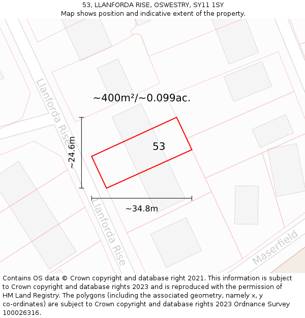 53, LLANFORDA RISE, OSWESTRY, SY11 1SY: Plot and title map