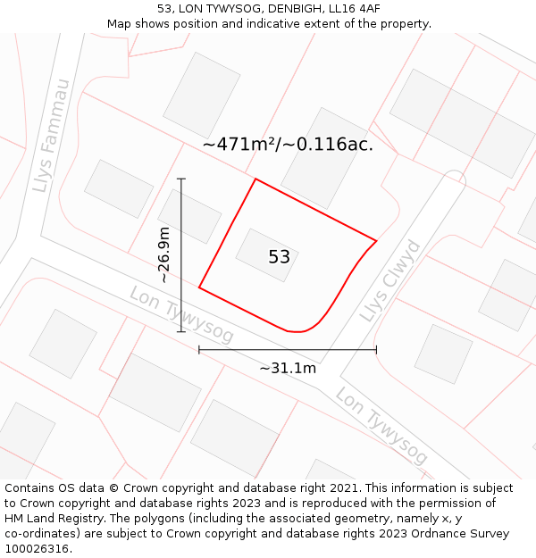 53, LON TYWYSOG, DENBIGH, LL16 4AF: Plot and title map