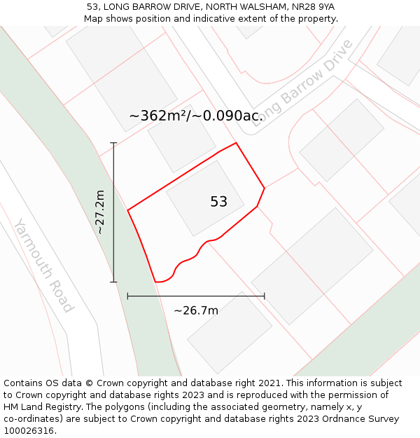 53, LONG BARROW DRIVE, NORTH WALSHAM, NR28 9YA: Plot and title map