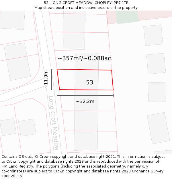 53, LONG CROFT MEADOW, CHORLEY, PR7 1TR: Plot and title map