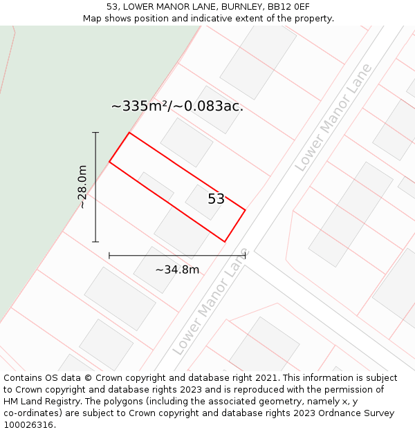 53, LOWER MANOR LANE, BURNLEY, BB12 0EF: Plot and title map