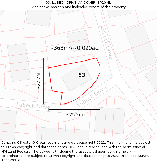 53, LUBECK DRIVE, ANDOVER, SP10 4LJ: Plot and title map