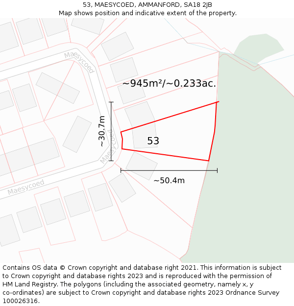 53, MAESYCOED, AMMANFORD, SA18 2JB: Plot and title map