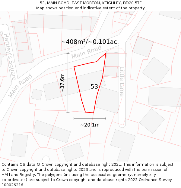 53, MAIN ROAD, EAST MORTON, KEIGHLEY, BD20 5TE: Plot and title map