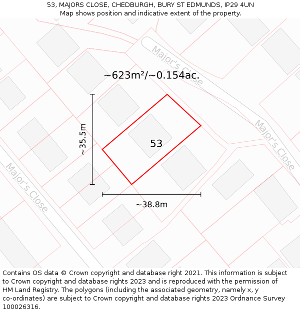 53, MAJORS CLOSE, CHEDBURGH, BURY ST EDMUNDS, IP29 4UN: Plot and title map