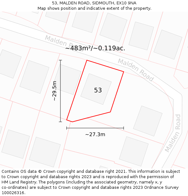 53, MALDEN ROAD, SIDMOUTH, EX10 9NA: Plot and title map