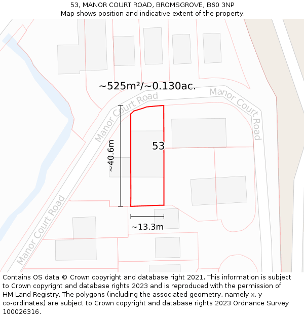 53, MANOR COURT ROAD, BROMSGROVE, B60 3NP: Plot and title map