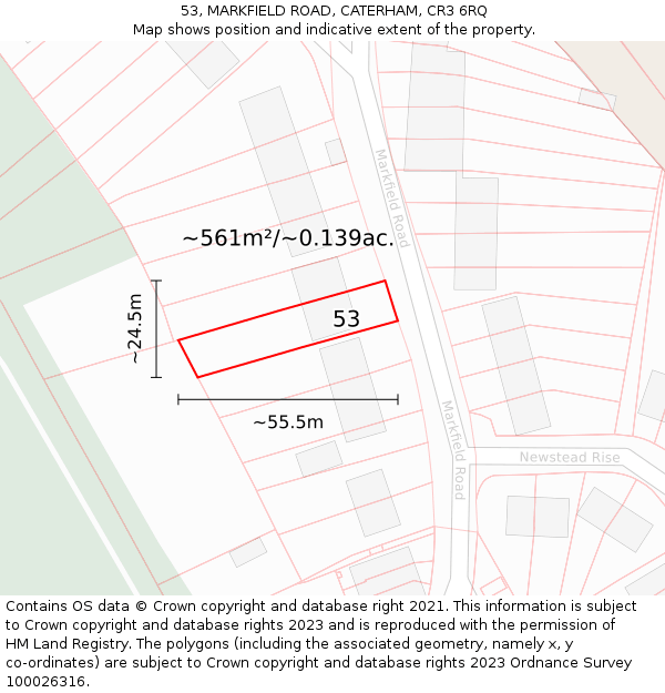 53, MARKFIELD ROAD, CATERHAM, CR3 6RQ: Plot and title map