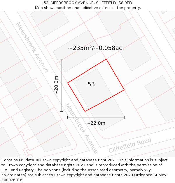 53, MEERSBROOK AVENUE, SHEFFIELD, S8 9EB: Plot and title map