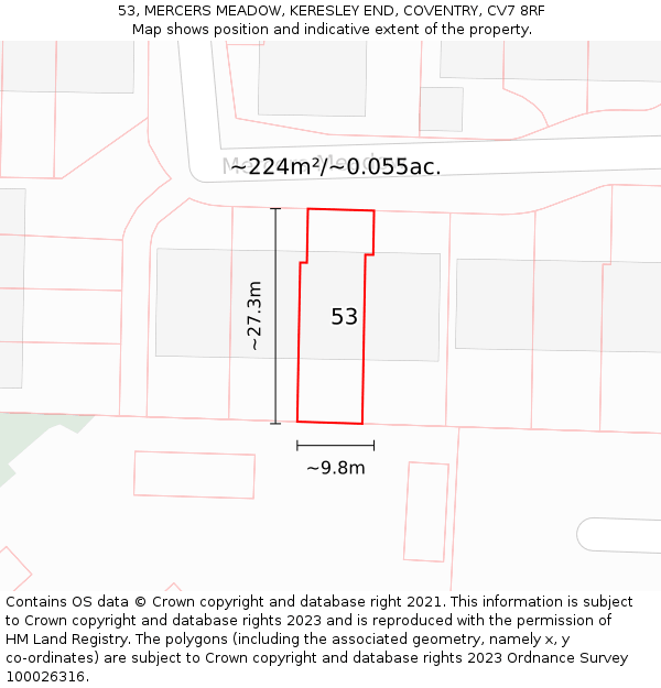 53, MERCERS MEADOW, KERESLEY END, COVENTRY, CV7 8RF: Plot and title map