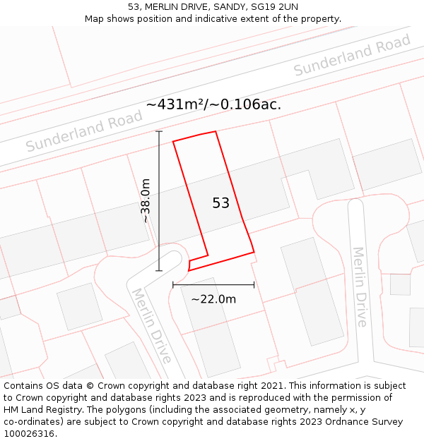 53, MERLIN DRIVE, SANDY, SG19 2UN: Plot and title map