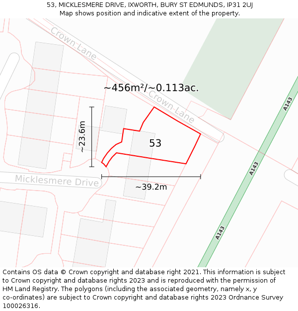 53, MICKLESMERE DRIVE, IXWORTH, BURY ST EDMUNDS, IP31 2UJ: Plot and title map