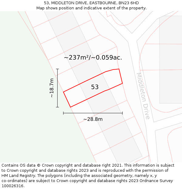 53, MIDDLETON DRIVE, EASTBOURNE, BN23 6HD: Plot and title map