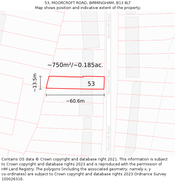 53, MOORCROFT ROAD, BIRMINGHAM, B13 8LT: Plot and title map