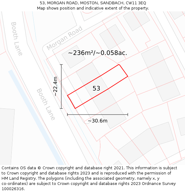 53, MORGAN ROAD, MOSTON, SANDBACH, CW11 3EQ: Plot and title map