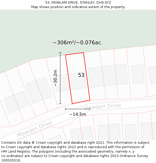 53, MOWLAM DRIVE, STANLEY, DH9 6YZ: Plot and title map