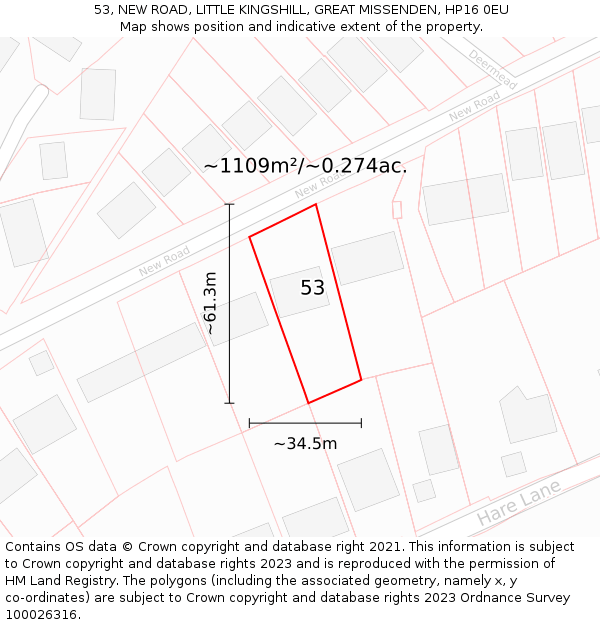 53, NEW ROAD, LITTLE KINGSHILL, GREAT MISSENDEN, HP16 0EU: Plot and title map