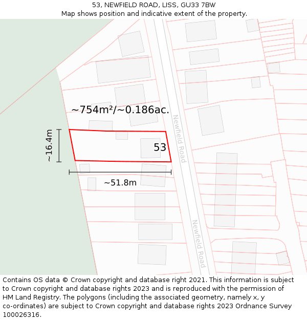 53, NEWFIELD ROAD, LISS, GU33 7BW: Plot and title map