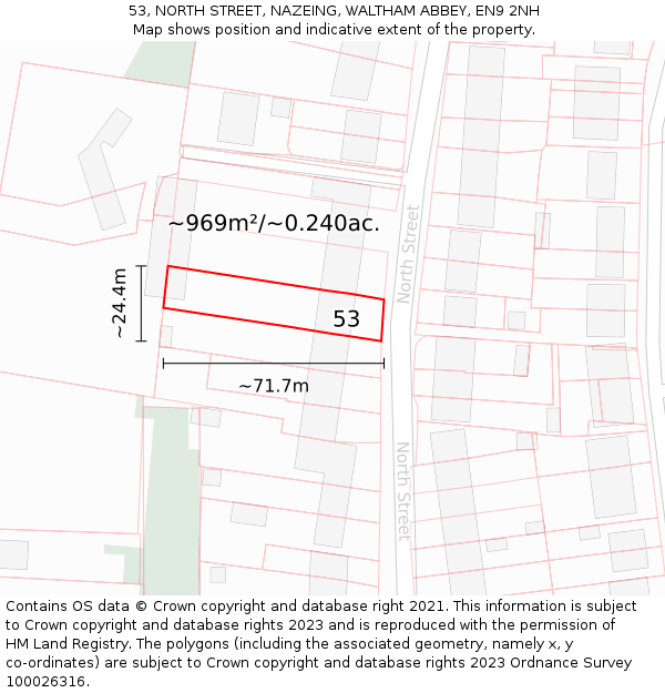53, NORTH STREET, NAZEING, WALTHAM ABBEY, EN9 2NH: Plot and title map