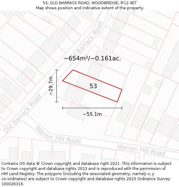 53, OLD BARRACK ROAD, WOODBRIDGE, IP12 4ET: Plot and title map