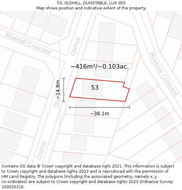 53, OLDHILL, DUNSTABLE, LU6 3ES: Plot and title map