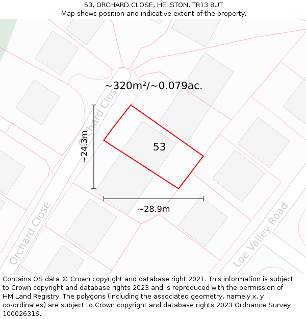 53, ORCHARD CLOSE, HELSTON, TR13 8UT: Plot and title map