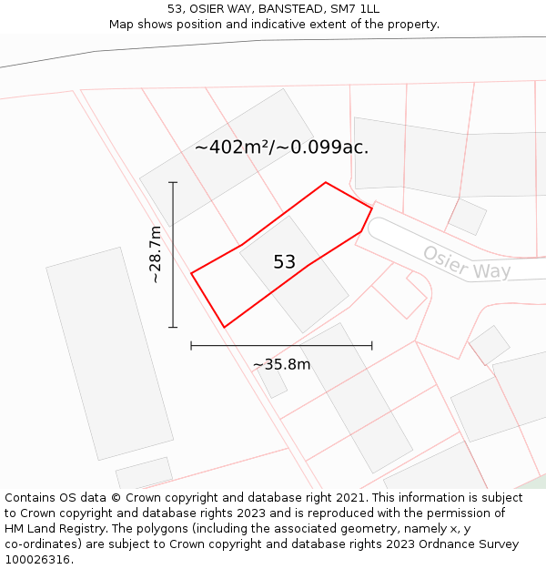 53, OSIER WAY, BANSTEAD, SM7 1LL: Plot and title map