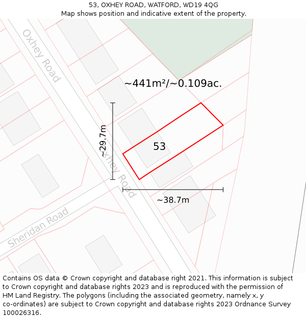 53, OXHEY ROAD, WATFORD, WD19 4QG: Plot and title map