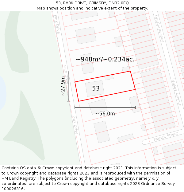 53, PARK DRIVE, GRIMSBY, DN32 0EQ: Plot and title map