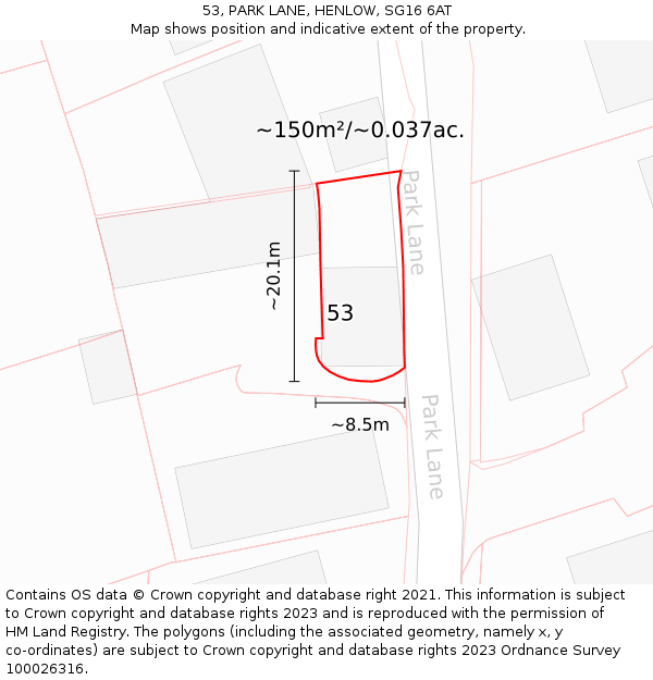 53, PARK LANE, HENLOW, SG16 6AT: Plot and title map