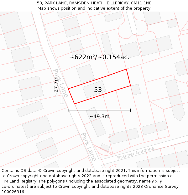 53, PARK LANE, RAMSDEN HEATH, BILLERICAY, CM11 1NE: Plot and title map