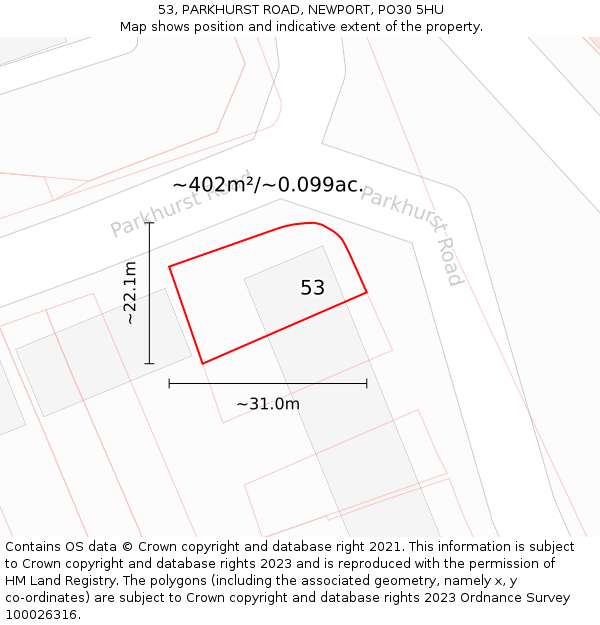 53, PARKHURST ROAD, NEWPORT, PO30 5HU: Plot and title map