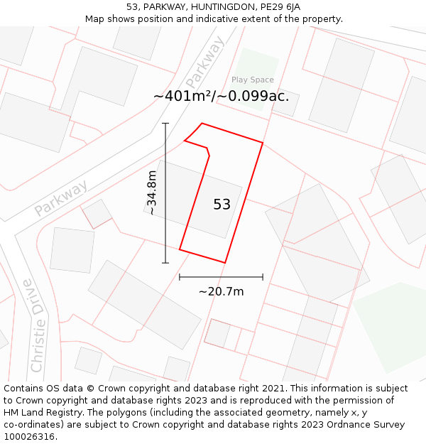 53, PARKWAY, HUNTINGDON, PE29 6JA: Plot and title map