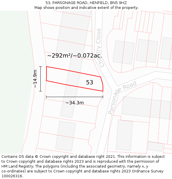 53, PARSONAGE ROAD, HENFIELD, BN5 9HZ: Plot and title map