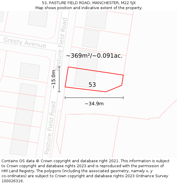 53, PASTURE FIELD ROAD, MANCHESTER, M22 5JX: Plot and title map