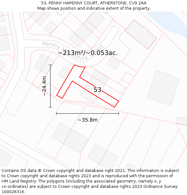 53, PENNY HAPENNY COURT, ATHERSTONE, CV9 2AA: Plot and title map