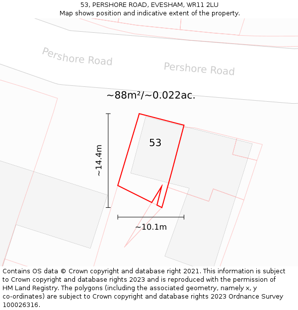 53, PERSHORE ROAD, EVESHAM, WR11 2LU: Plot and title map